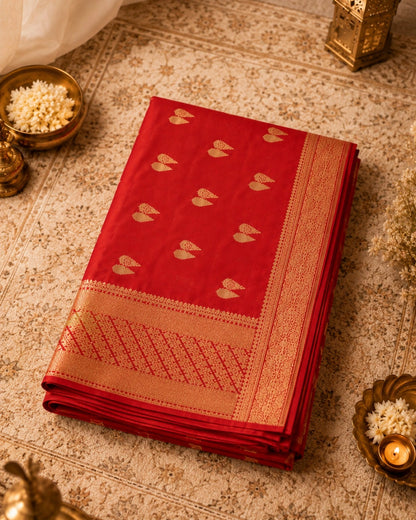 WEVOW Dola Mashru Silk Saree in Royal Red with Golden Buti Motifs & Rich Zari Woven Pallu