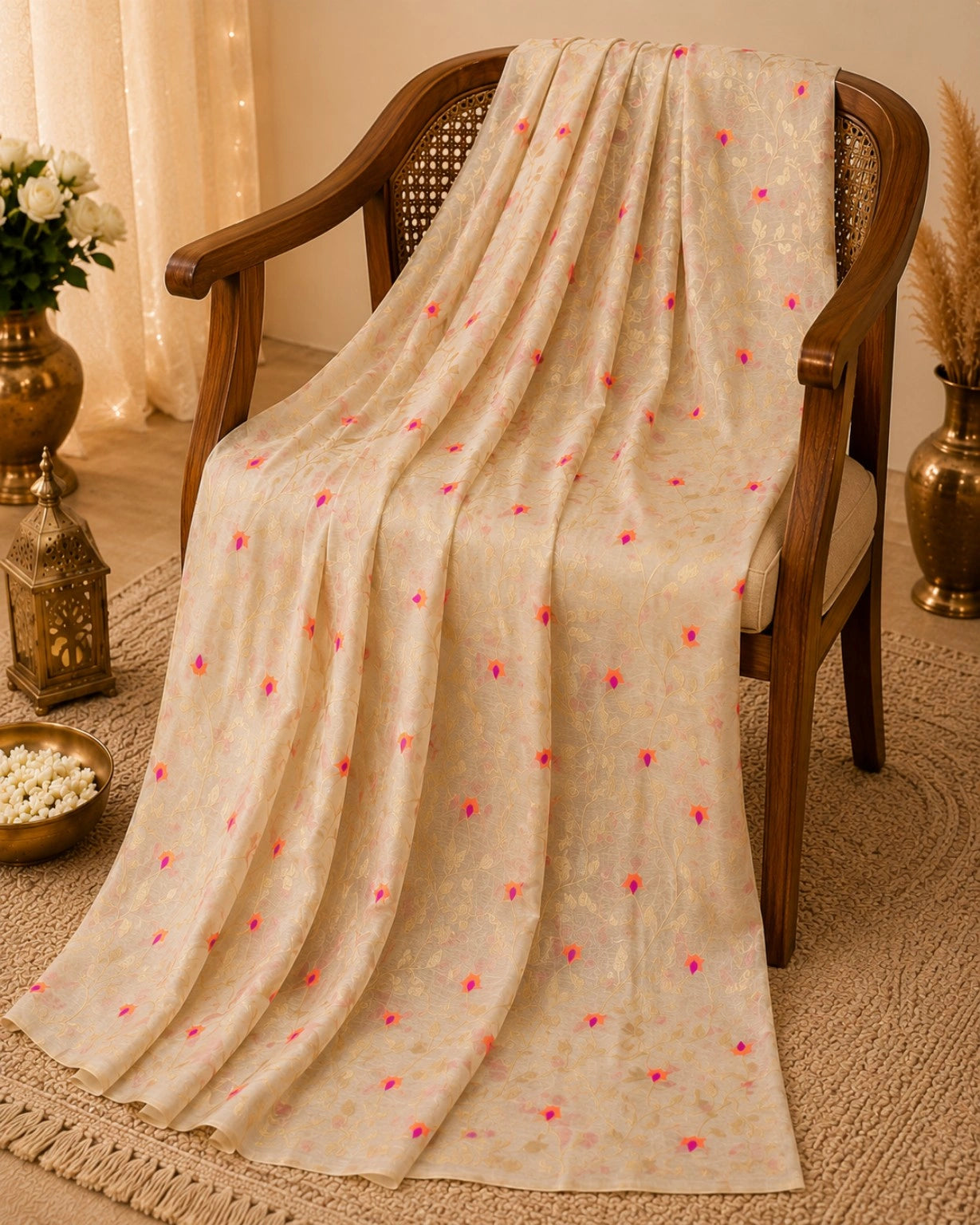WEVOW Cream Muslin Jamdani Saree with Floral Vine Weave and Pink Orange Buti Accents
