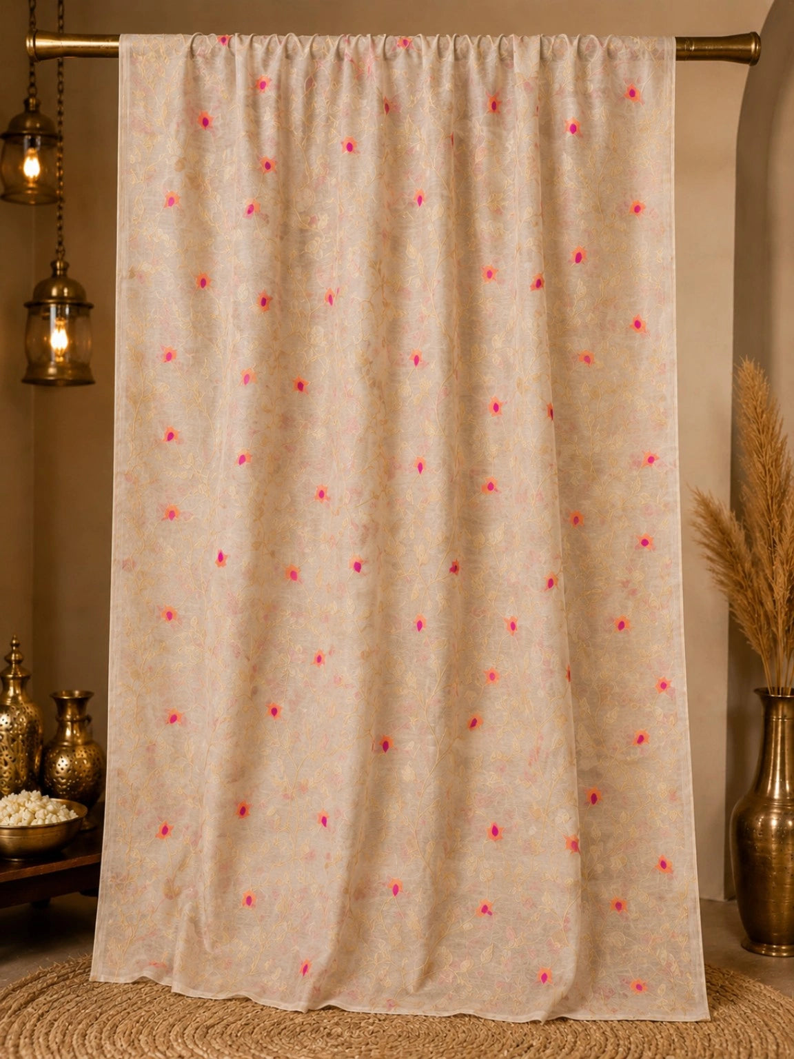 WEVOW Cream Muslin Jamdani Saree with Floral Vine Weave and Pink Orange Buti Accents