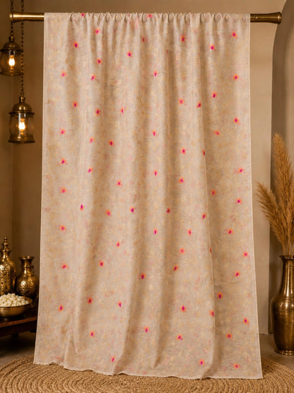 WEVOW Cream Muslin Jamdani Saree with Floral Vine Weave and Pink Orange Buti Accents