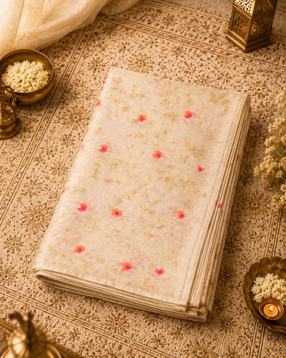 WEVOW Cream Muslin Jamdani Saree with Floral Vine Weave and Pink Orange Buti Accents