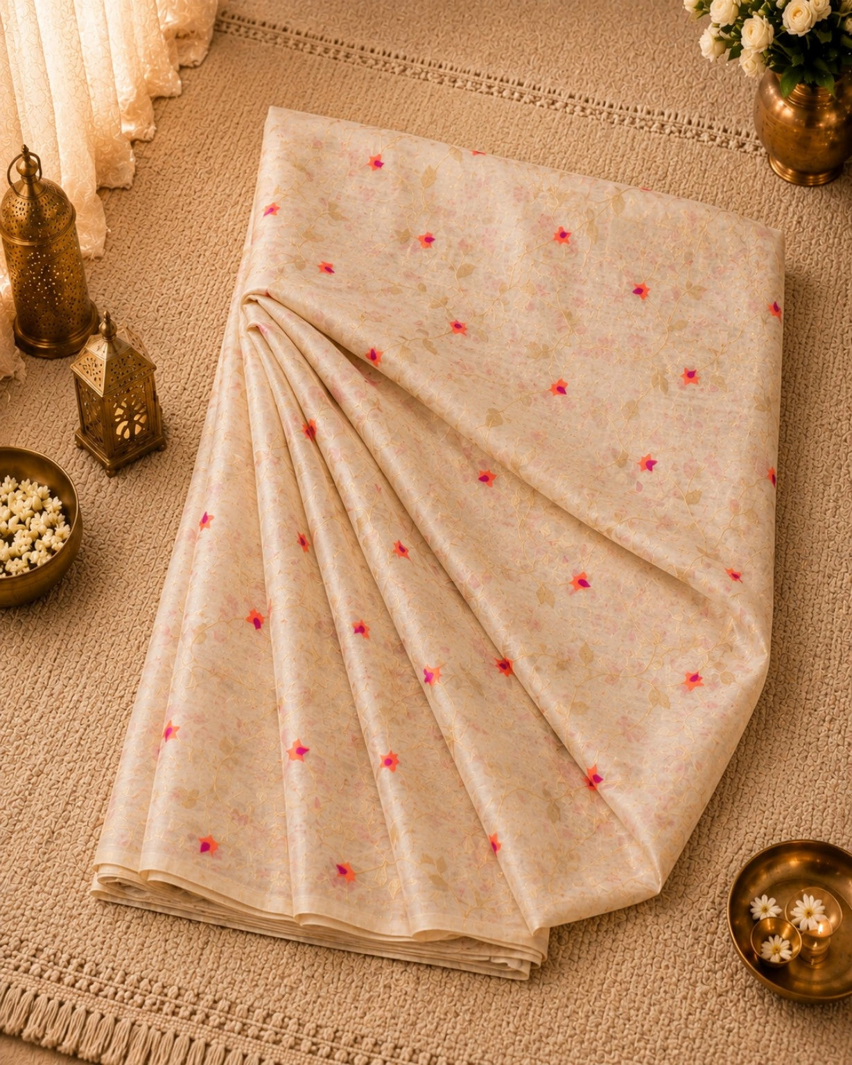 WEVOW Cream Muslin Jamdani Saree with Floral Vine Weave and Pink Orange Buti Accents
