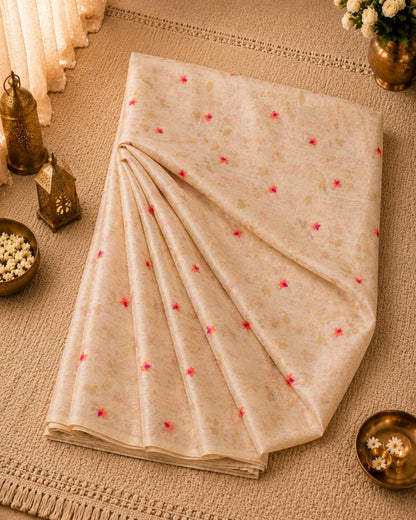 WEVOW Cream Muslin Jamdani Saree with Floral Vine Weave and Pink Orange Buti Accents