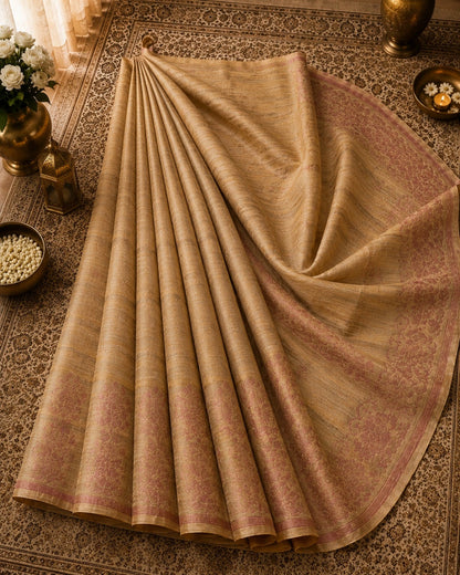 WEVOW Beige Soft Tussar Silk Saree with Pink Zari Woven Border & Tassel Pallu
