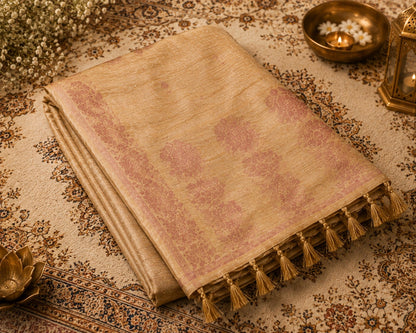 WEVOW Beige Soft Tussar Silk Saree with Pink Zari Woven Border & Tassel Pallu