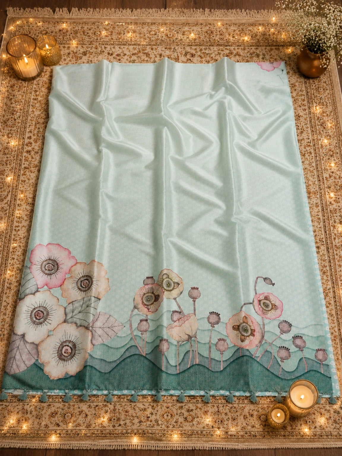 WEVOW Mint Green Silk Digital Print Saree with Floral Garden Border Artwork