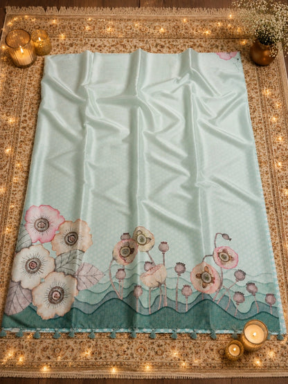WEVOW Mint Green Silk Digital Print Saree with Floral Garden Border Artwork