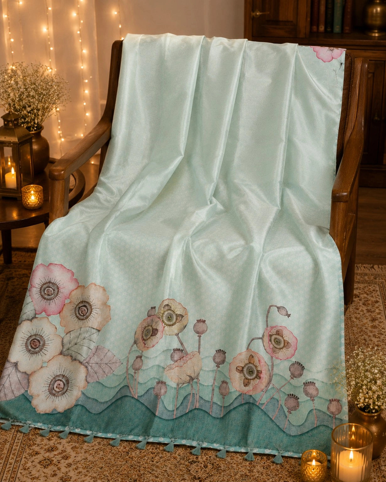 WEVOW Mint Green Silk Digital Print Saree with Floral Garden Border Artwork