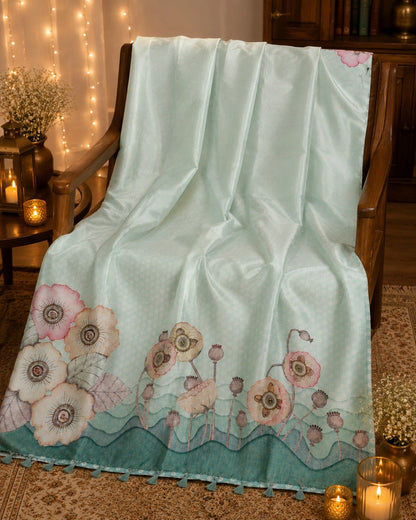 WEVOW Mint Green Silk Digital Print Saree with Floral Garden Border Artwork