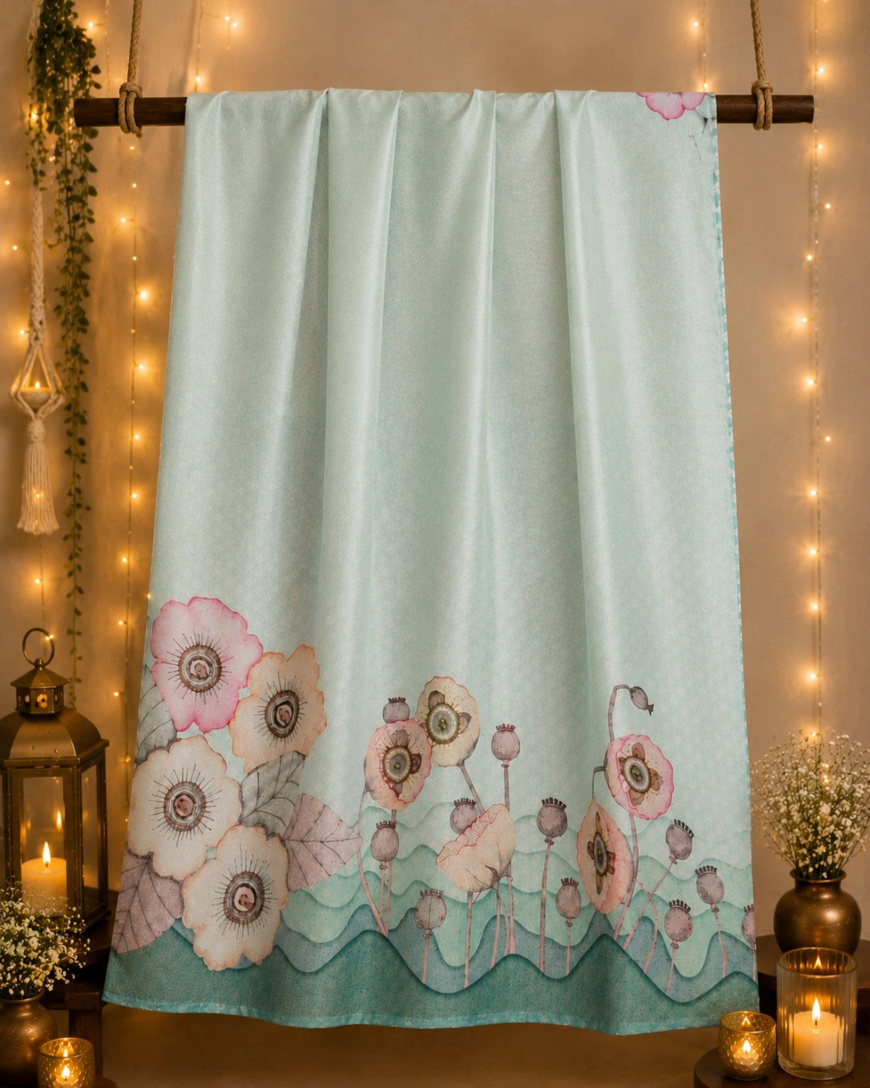 WEVOW Mint Green Silk Digital Print Saree with Floral Garden Border Artwork