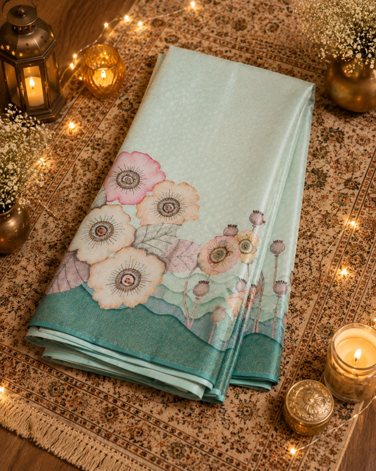 WEVOW Mint Green Silk Digital Print Saree with Floral Garden Border Artwork