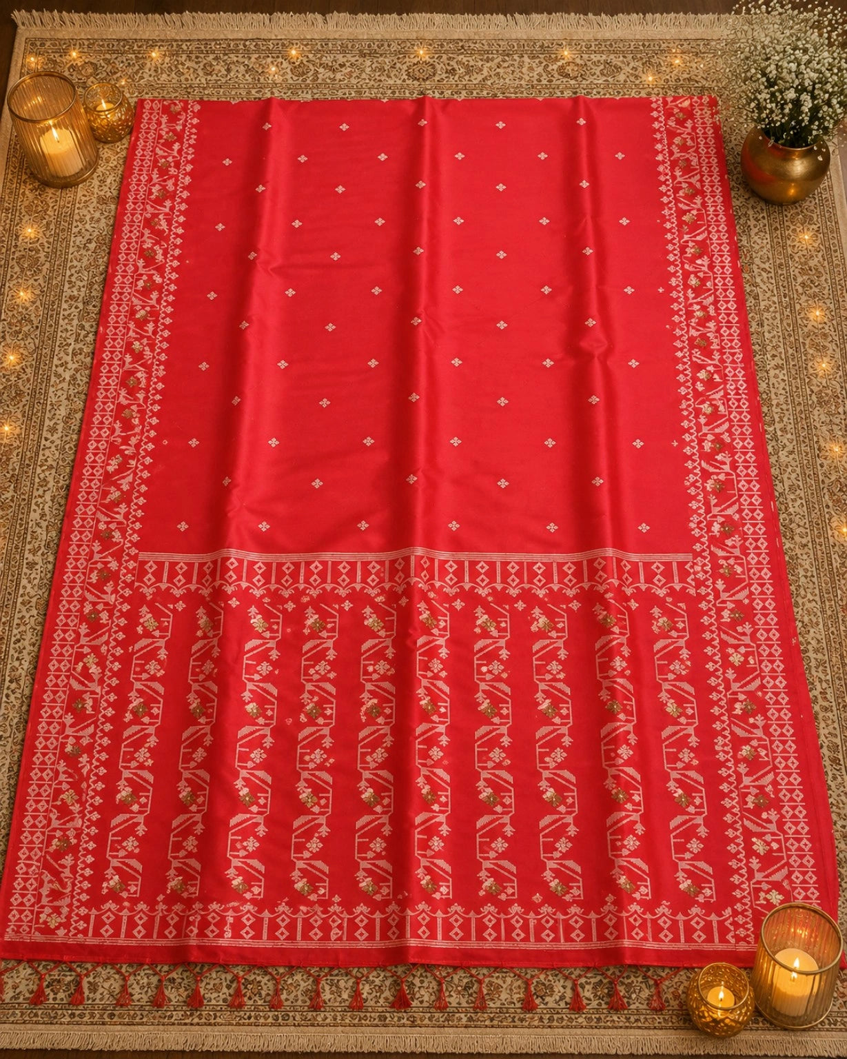 WEVOW Crimson Red Silk Jamdani Saree with Traditional Geometric Border and Tassel Pallu
