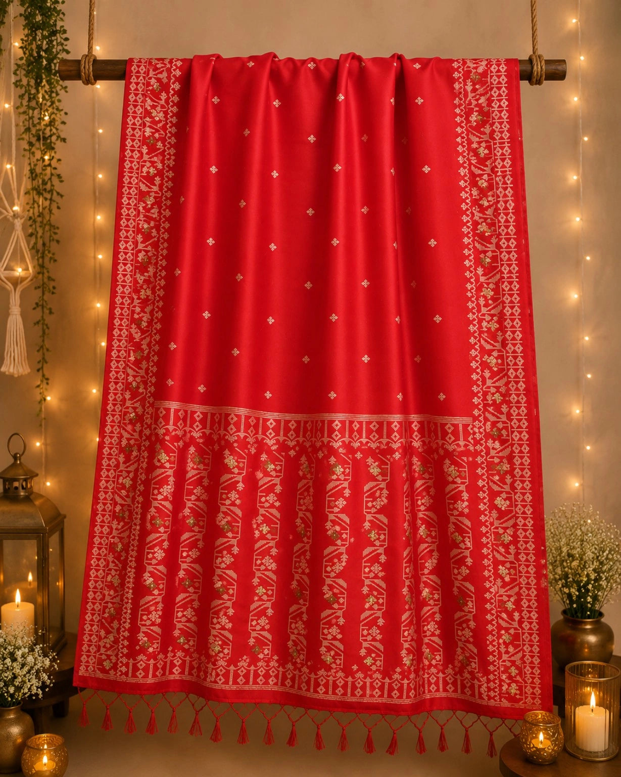 WEVOW Crimson Red Silk Jamdani Saree with Traditional Geometric Border and Tassel Pallu