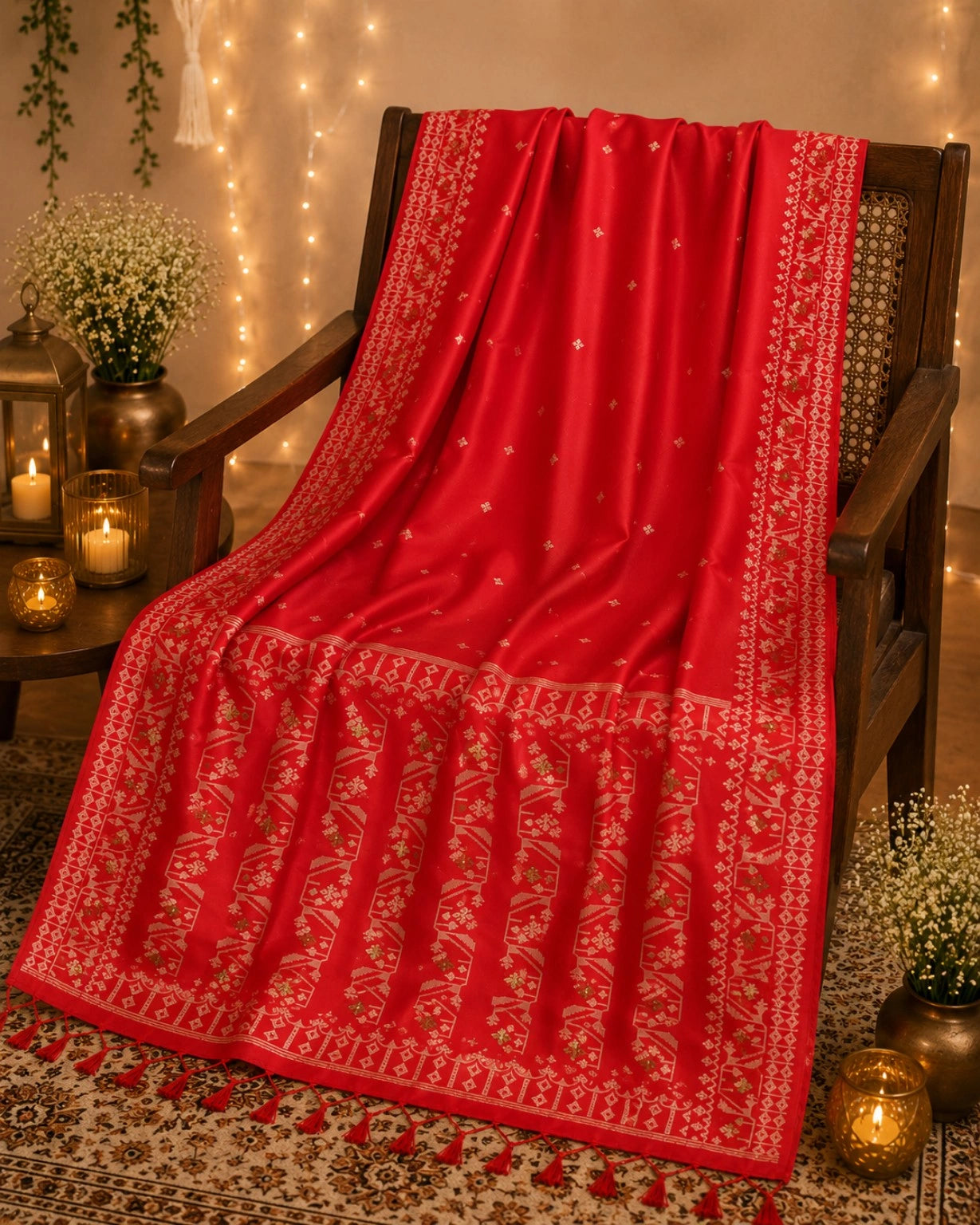 WEVOW Crimson Red Silk Jamdani Saree with Traditional Geometric Border and Tassel Pallu