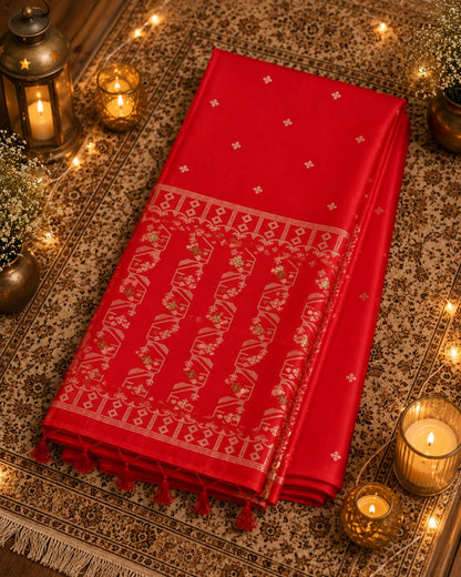 WEVOW Crimson Red Silk Jamdani Saree with Traditional Geometric Border and Tassel Pallu