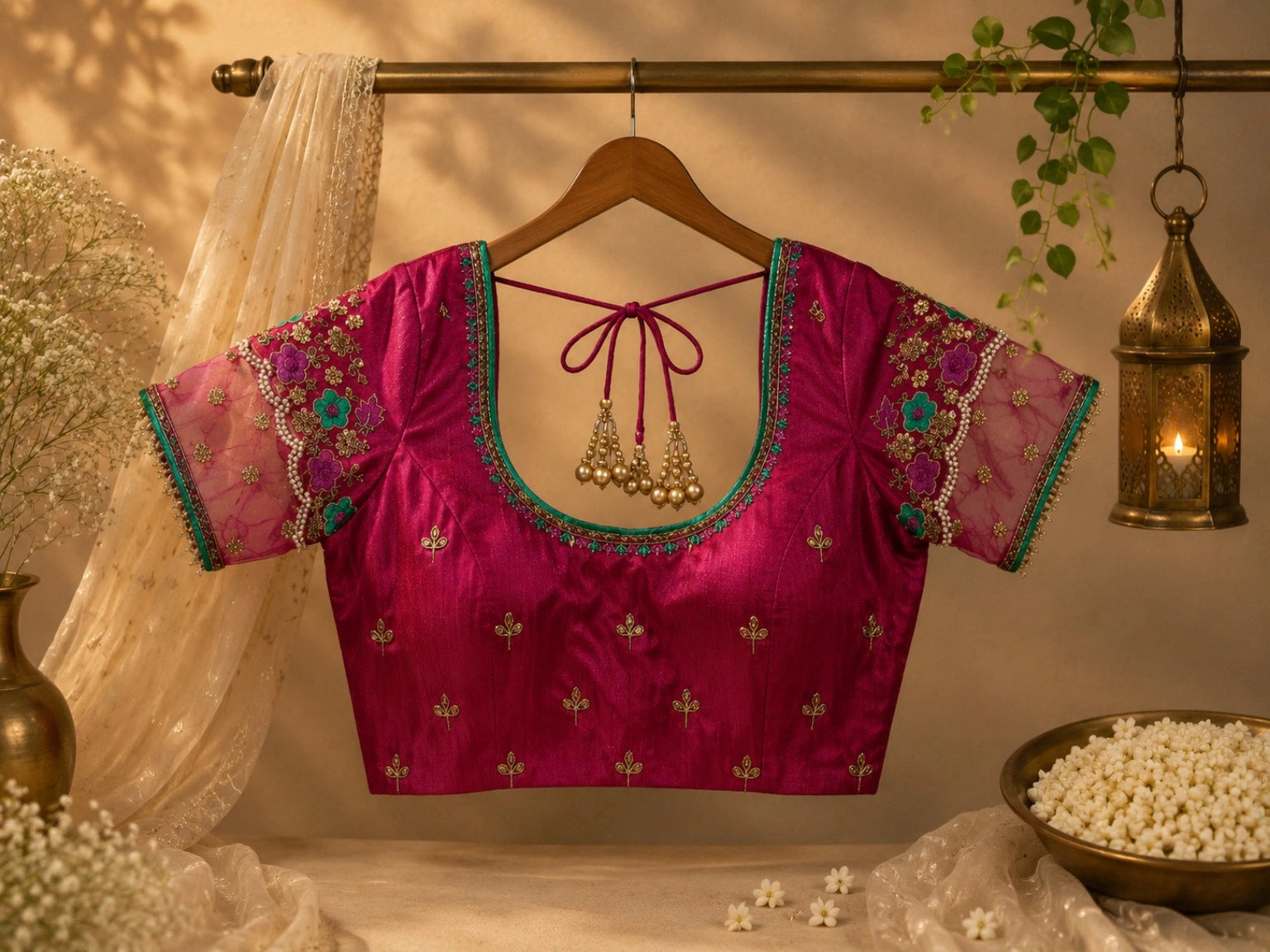 Magenta Raw Silk Floral Embroidered Net Sleeve Designer Blouse with Pearl Detailing