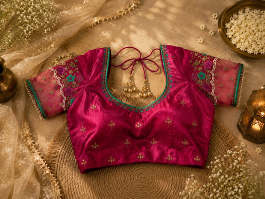 Magenta Raw Silk Floral Embroidered Net Sleeve Designer Blouse with Pearl Detailing