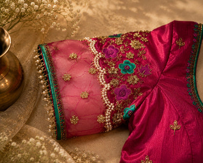 Magenta Raw Silk Floral Embroidered Net Sleeve Designer Blouse with Pearl Detailing