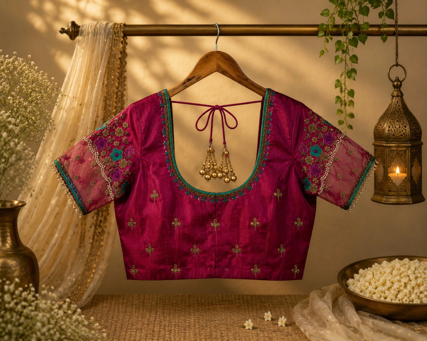 Magenta Raw Silk Floral Embroidered Net Sleeve Designer Blouse with Pearl Detailing
