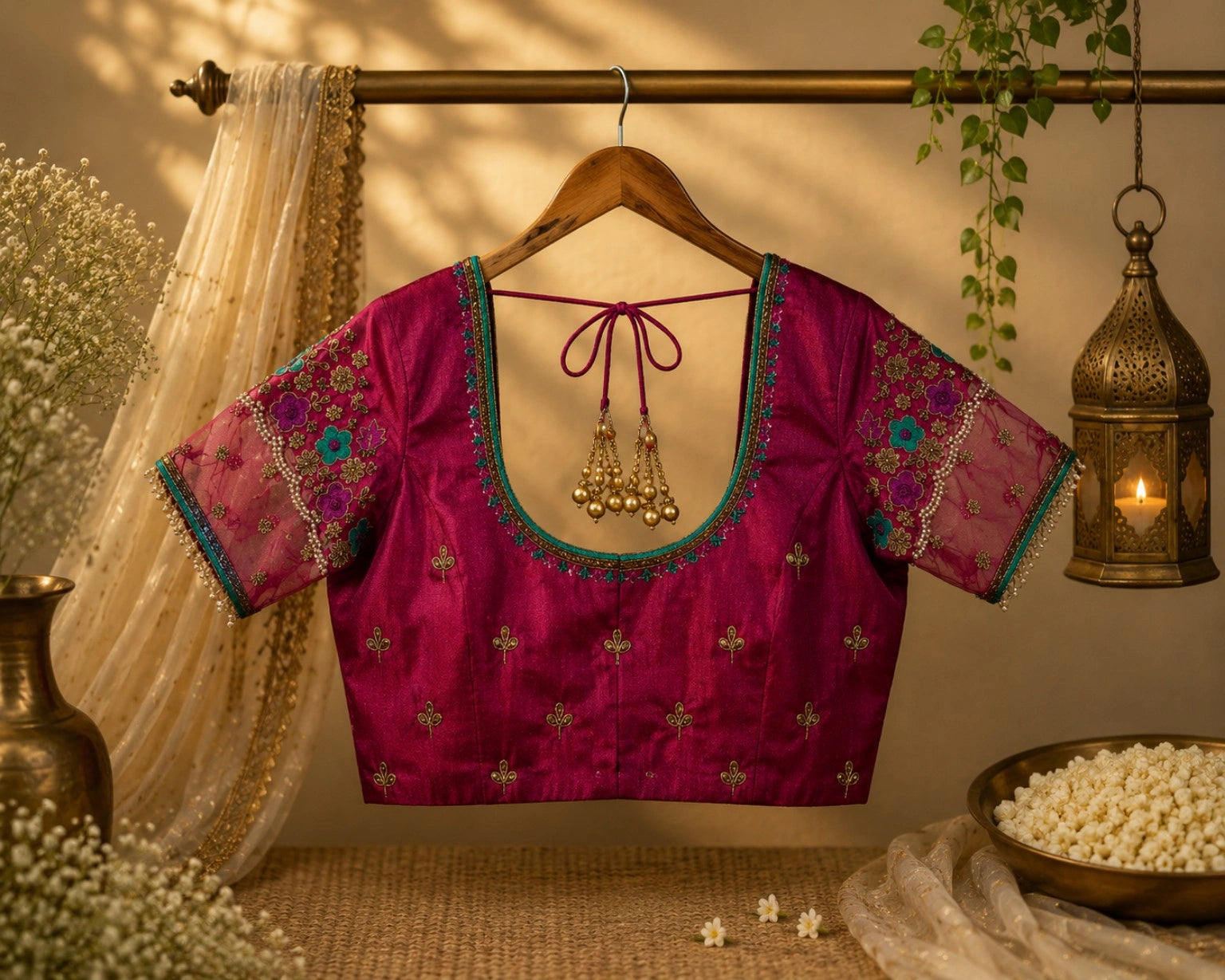 Magenta Raw Silk Floral Embroidered Net Sleeve Designer Blouse with Pearl Detailing