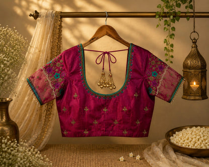 Magenta Raw Silk Floral Embroidered Net Sleeve Designer Blouse with Pearl Detailing