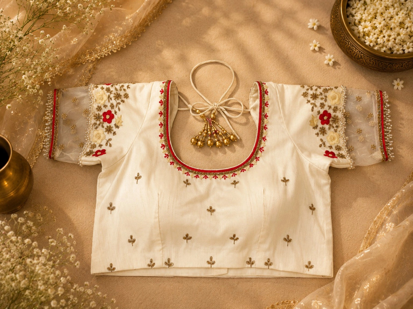 Ivory Raw Silk Embroidered Blouse with Sheer Floral Sleeves & Deep Back Neck
