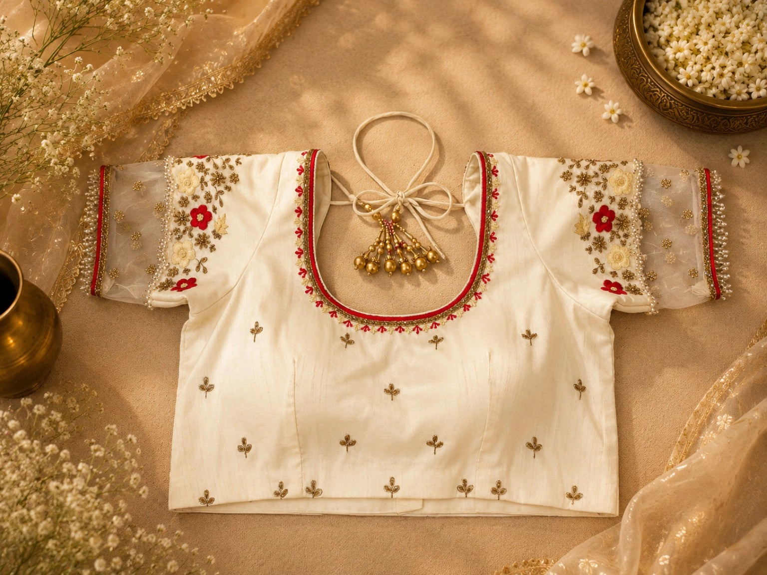 Ivory Raw Silk Embroidered Blouse with Sheer Floral Sleeves & Deep Back Neck
