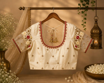 Ivory Raw Silk Embroidered Blouse with Sheer Floral Sleeves & Deep Back Neck