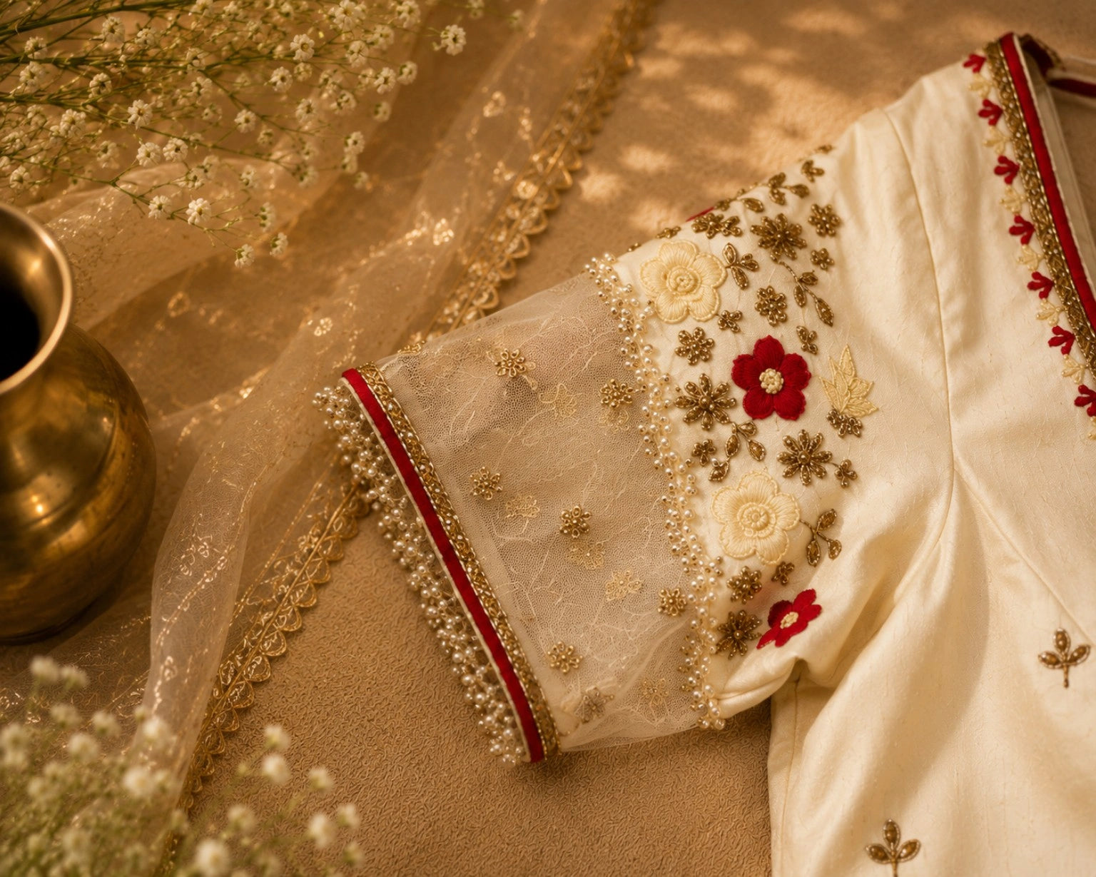Ivory Raw Silk Embroidered Blouse with Sheer Floral Sleeves & Deep Back Neck