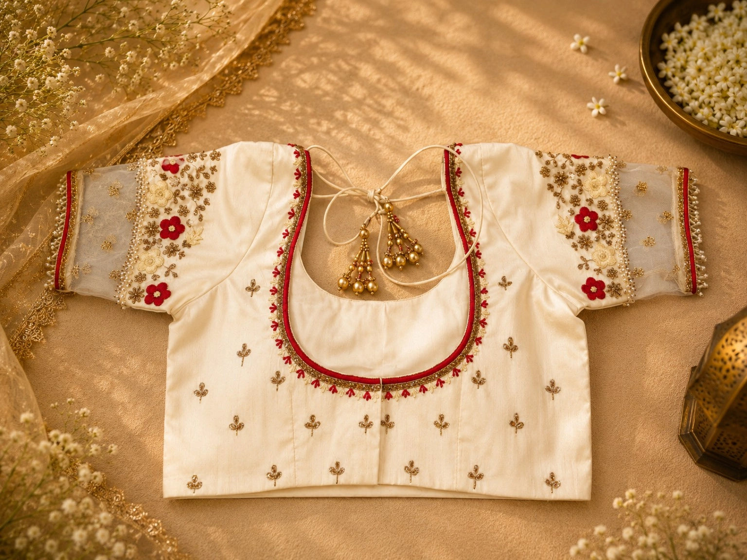 Ivory Raw Silk Embroidered Blouse with Sheer Floral Sleeves & Deep Back Neck