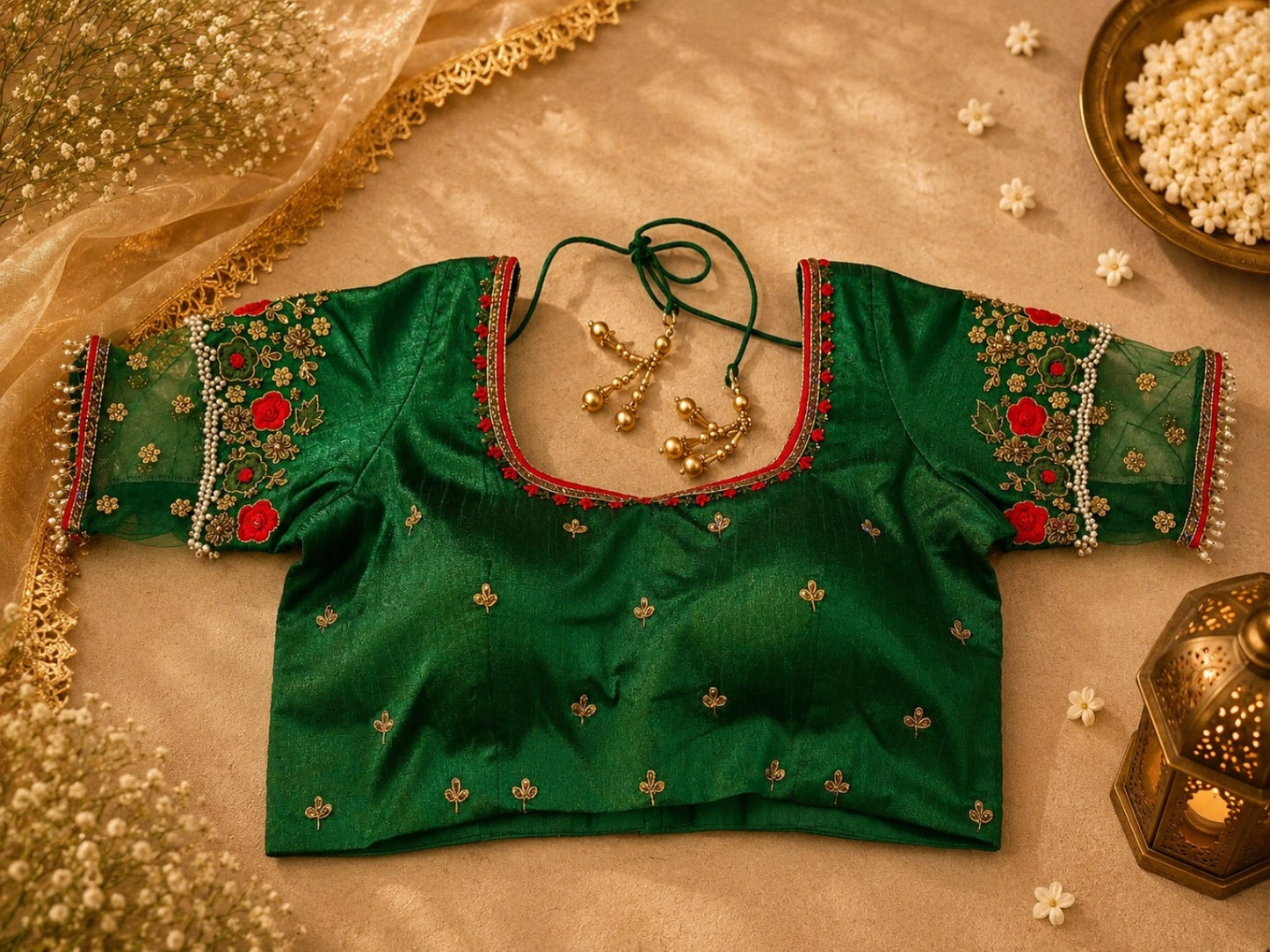 Emerald Green Raw Silk Embroidered Blouse with Floral Net Sleeves & Pearl Lace Detailing