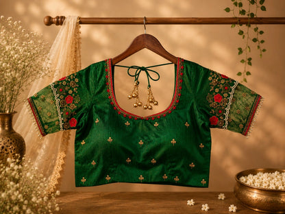 Emerald Green Raw Silk Embroidered Blouse with Floral Net Sleeves & Pearl Lace Detailing