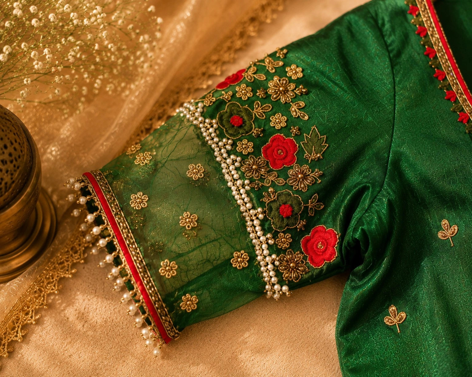 Emerald Green Raw Silk Embroidered Blouse with Floral Net Sleeves & Pearl Lace Detailing