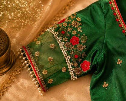 Emerald Green Raw Silk Embroidered Blouse with Floral Net Sleeves & Pearl Lace Detailing