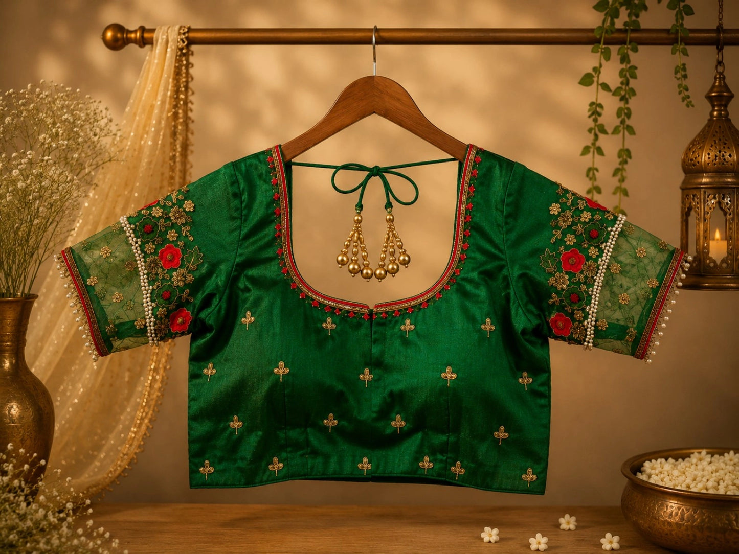 Emerald Green Raw Silk Embroidered Blouse with Floral Net Sleeves & Pearl Lace Detailing
