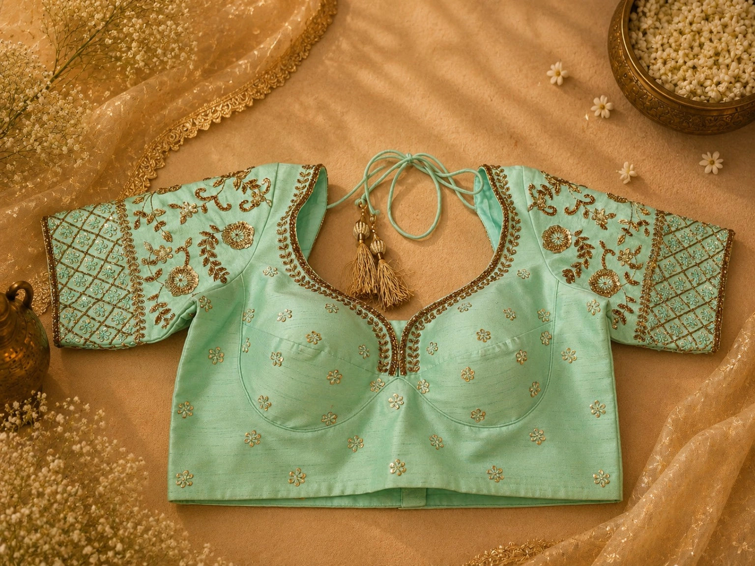 Mint Green Raw Silk Zardozi Embroidered Designer Blouse with Floral Sleeve Work