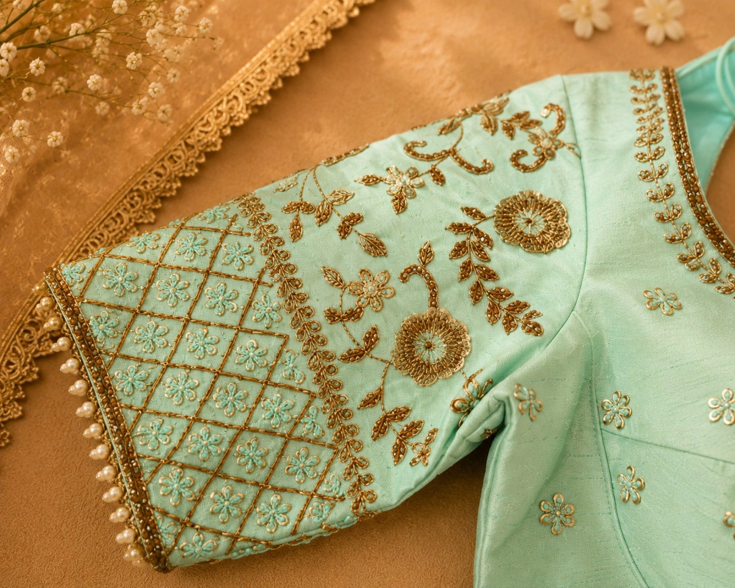 Mint Green Raw Silk Zardozi Embroidered Designer Blouse with Floral Sleeve Work