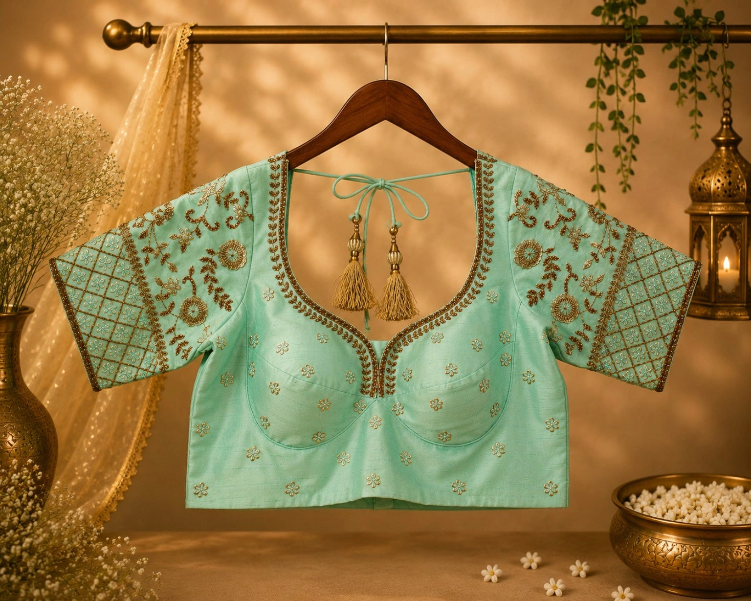 Mint Green Raw Silk Zardozi Embroidered Designer Blouse with Floral Sleeve Work