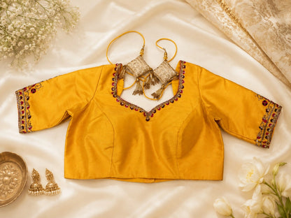 Mustard Yellow Raw Silk Hand Work Blouse with Floral Glass Embroidery & Tassel Tie-Up Back