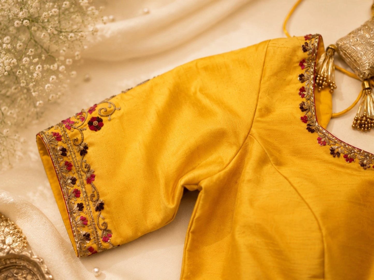 Mustard Yellow Raw Silk Hand Work Blouse with Floral Glass Embroidery & Tassel Tie-Up Back