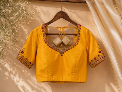Mustard Yellow Raw Silk Hand Work Blouse with Floral Glass Embroidery & Tassel Tie-Up Back