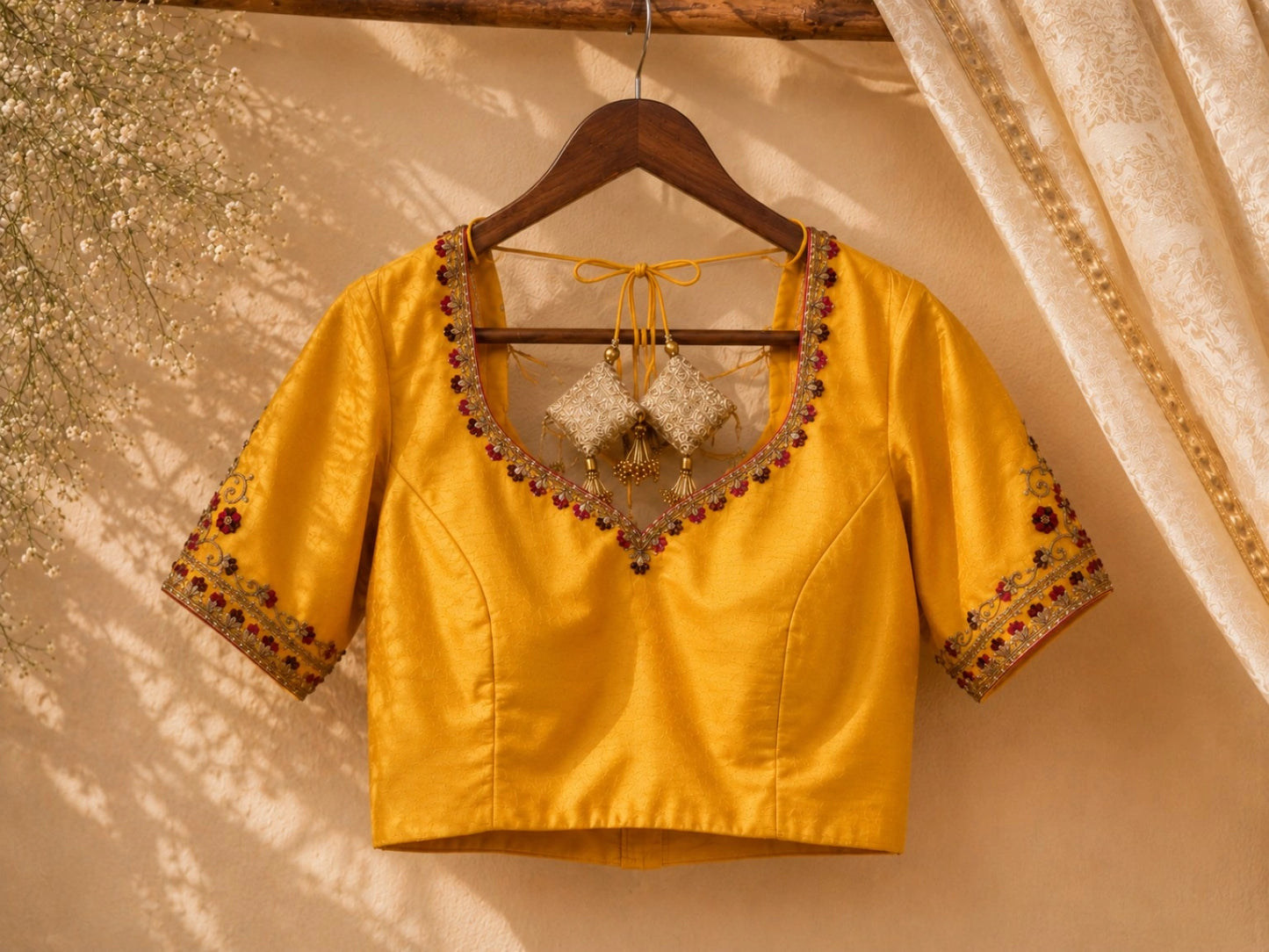 Mustard Yellow Raw Silk Hand Work Blouse with Floral Glass Embroidery & Tassel Tie-Up Back