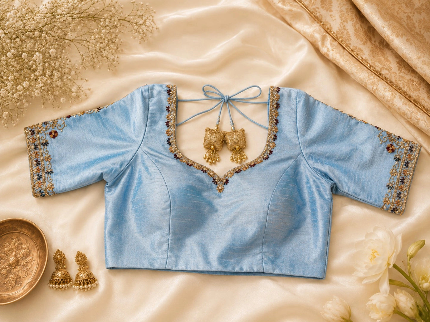 Sky Blue Raw Silk Hand Work Glass Embroidered Blouse with Floral Sleeve Border & Tassel Tie-Up Back