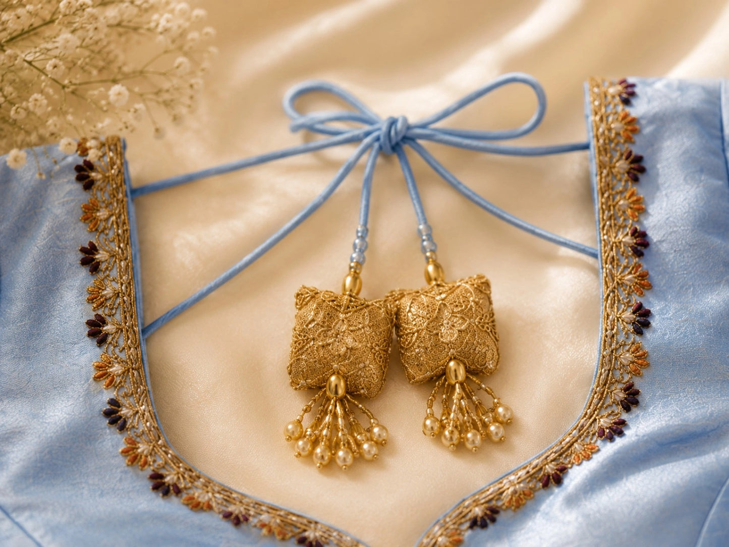 Sky Blue Raw Silk Hand Work Glass Embroidered Blouse with Floral Sleeve Border & Tassel Tie-Up Back