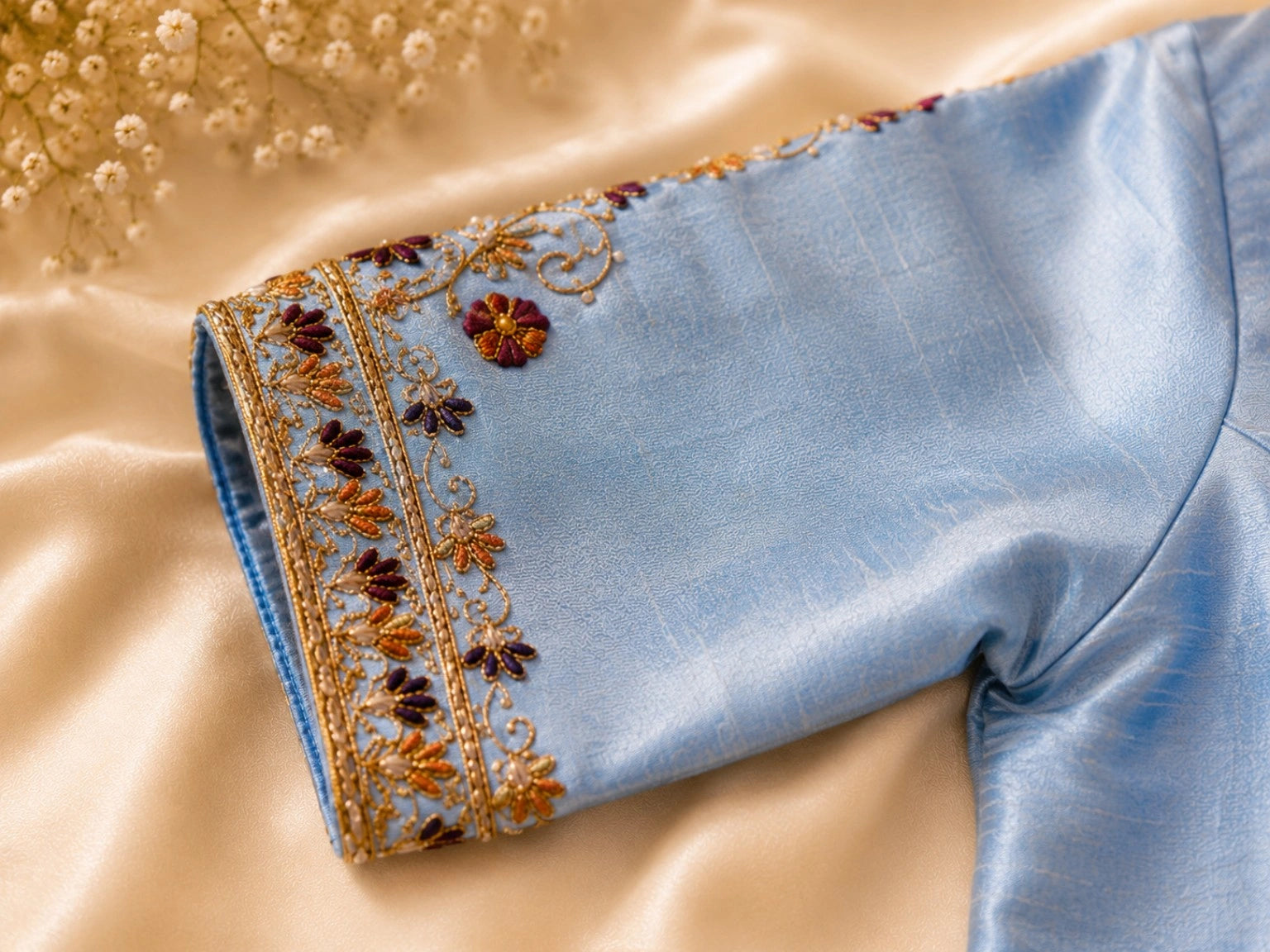 Sky Blue Raw Silk Hand Work Glass Embroidered Blouse with Floral Sleeve Border & Tassel Tie-Up Back