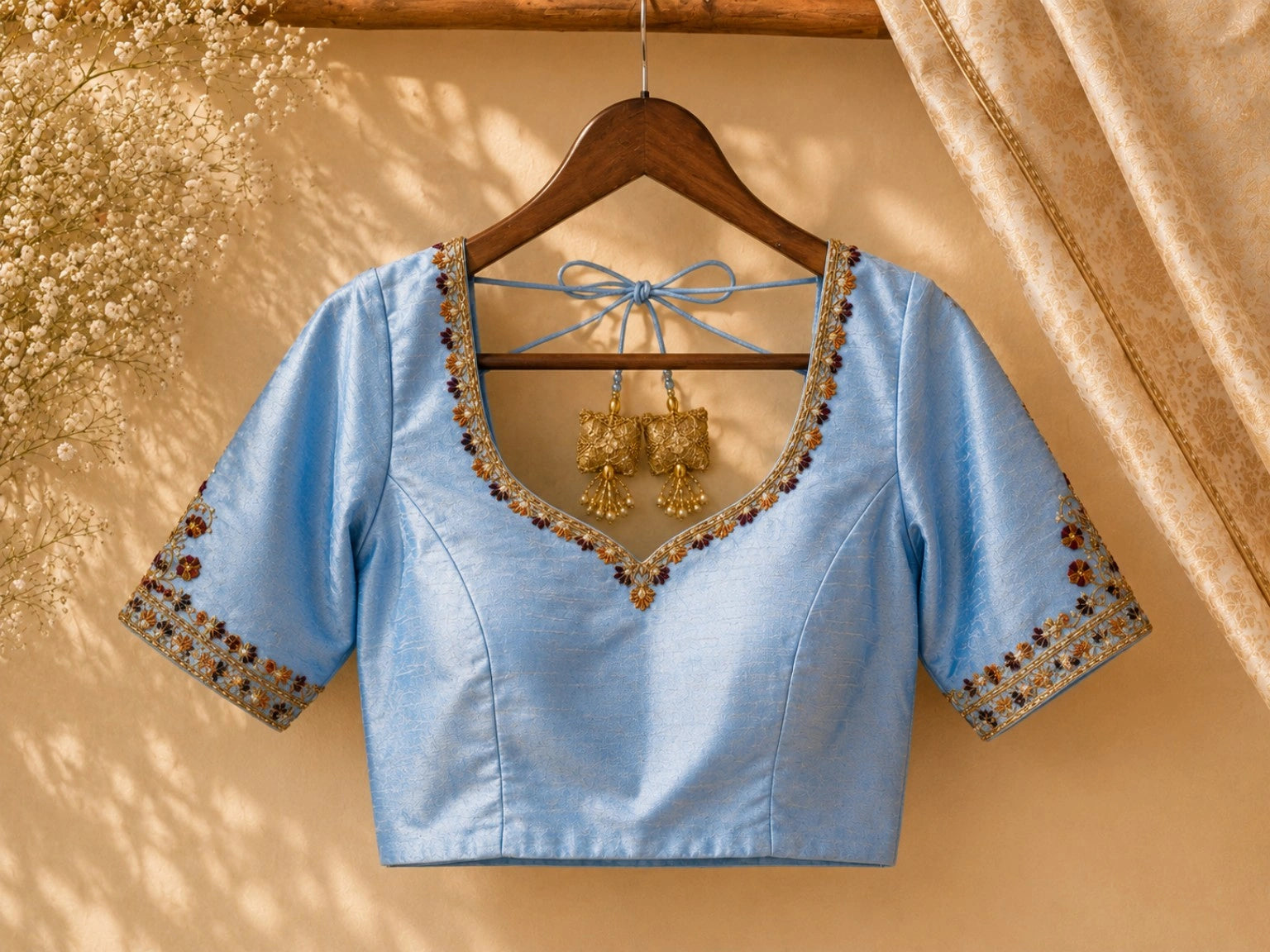 Sky Blue Raw Silk Hand Work Glass Embroidered Blouse with Floral Sleeve Border & Tassel Tie-Up Back