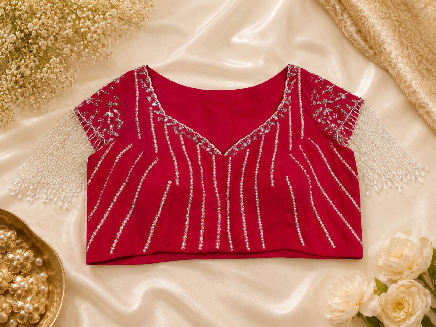 Rani Pink Viscose Organza Zari Work Pearl Fringe Designer Blouse