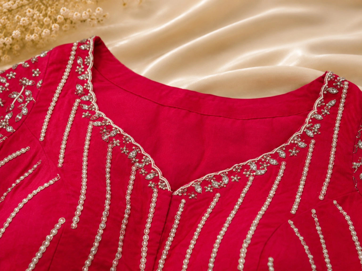Rani Pink Viscose Organza Zari Work Pearl Fringe Designer Blouse