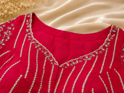 Rani Pink Viscose Organza Zari Work Pearl Fringe Designer Blouse