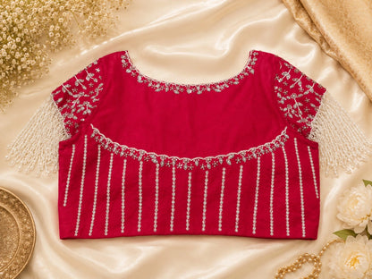 Rani Pink Viscose Organza Zari Work Pearl Fringe Designer Blouse
